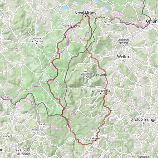 Miniaturní mapa "Gravelová cyklostezka Skalka - Nové Hrady" inspirace pro cyklisty v oblasti Jihozápad, Czech Republic. Vytvořeno pomocí plánovače tras Tarmacs.app