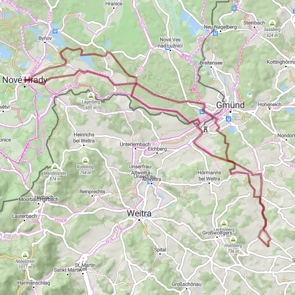 Miniaturní mapa "Cyklovýlet kolem Nových Hradů a okolí" inspirace pro cyklisty v oblasti Jihozápad, Czech Republic. Vytvořeno pomocí plánovače tras Tarmacs.app