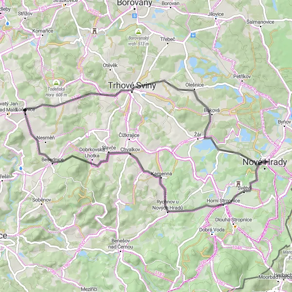 Miniaturní mapa "Road Route to Zámek Nové Hrady" inspirace pro cyklisty v oblasti Jihozápad, Czech Republic. Vytvořeno pomocí plánovače tras Tarmacs.app