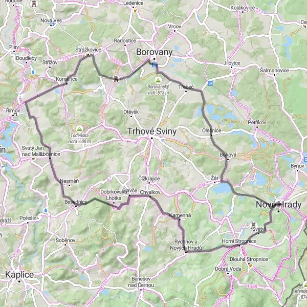 Miniaturní mapa "Road cyklotrasa kolem Nových Hradů" inspirace pro cyklisty v oblasti Jihozápad, Czech Republic. Vytvořeno pomocí plánovače tras Tarmacs.app