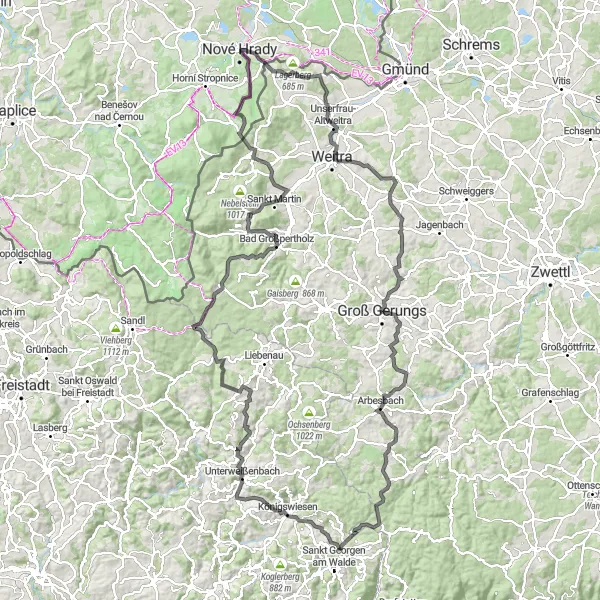 Miniatura mapy "Szlak Nové Hrady - Bad Großpertholz" - trasy rowerowej w Jihozápad, Czech Republic. Wygenerowane przez planer tras rowerowych Tarmacs.app