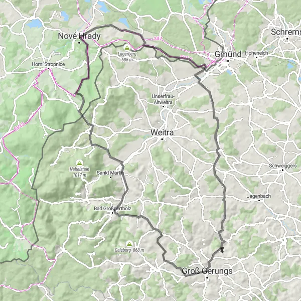 Miniaturní mapa "Okružní silniční trasa kolem Nových Hradů" inspirace pro cyklisty v oblasti Jihozápad, Czech Republic. Vytvořeno pomocí plánovače tras Tarmacs.app