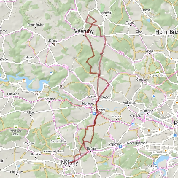 Mapa miniatúra "Gravel Tour around Nýřany" cyklistická inšpirácia v Jihozápad, Czech Republic. Vygenerované cyklistickým plánovačom trás Tarmacs.app