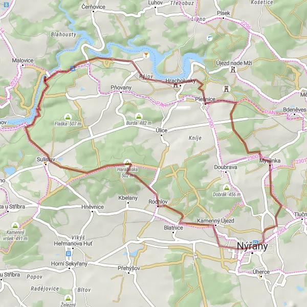 Mapa miniatúra "Gravelový výlet okolo Nýřan" cyklistická inšpirácia v Jihozápad, Czech Republic. Vygenerované cyklistickým plánovačom trás Tarmacs.app