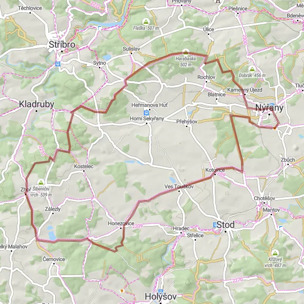 Mapa miniatúra "Gravelový okruh cez Nýřany" cyklistická inšpirácia v Jihozápad, Czech Republic. Vygenerované cyklistickým plánovačom trás Tarmacs.app