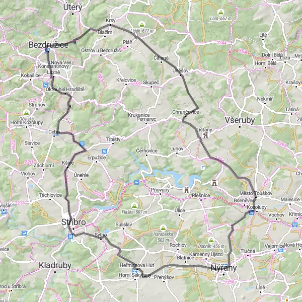 Karten-Miniaturansicht der Radinspiration "Radtour von Nýřany nach Heřmanova Huť und zurück" in Jihozápad, Czech Republic. Erstellt vom Tarmacs.app-Routenplaner für Radtouren