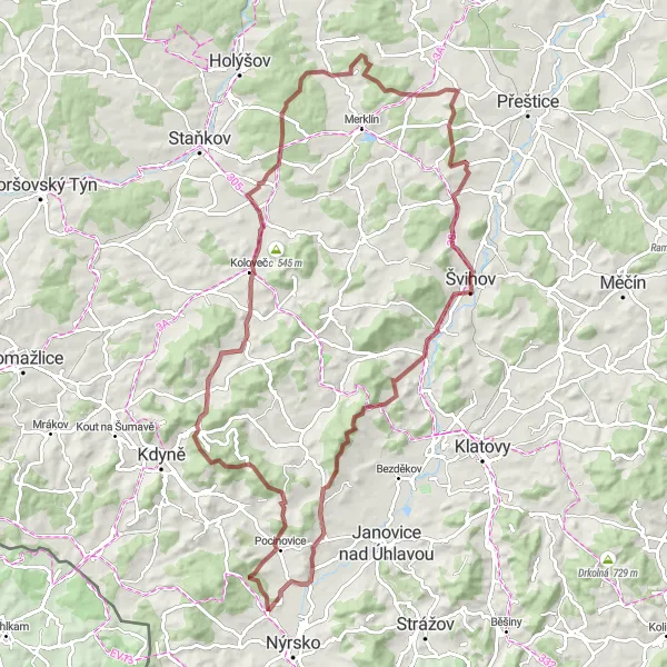 Miniaturní mapa "Gravel okruh kolem Nýrska a okolí" inspirace pro cyklisty v oblasti Jihozápad, Czech Republic. Vytvořeno pomocí plánovače tras Tarmacs.app