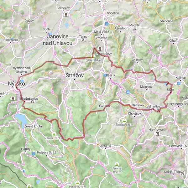 Map miniature of "Hidden Gem Gravel Tour" cycling inspiration in Jihozápad, Czech Republic. Generated by Tarmacs.app cycling route planner