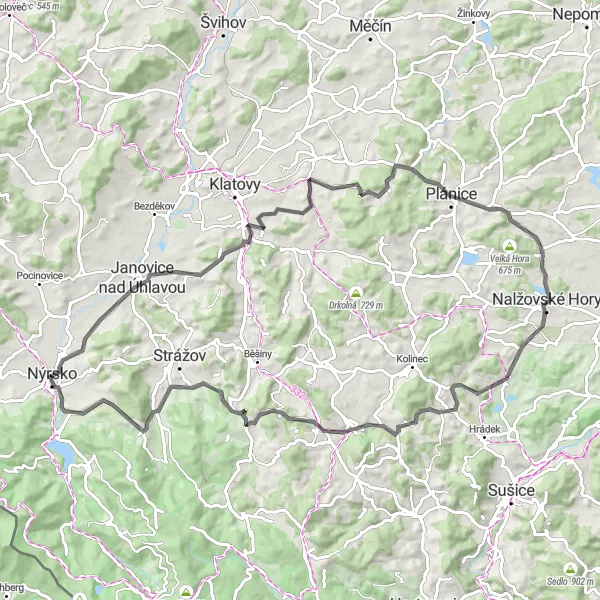 Mapa miniatúra "Cyklotrasa Okolo Nýrska" cyklistická inšpirácia v Jihozápad, Czech Republic. Vygenerované cyklistickým plánovačom trás Tarmacs.app