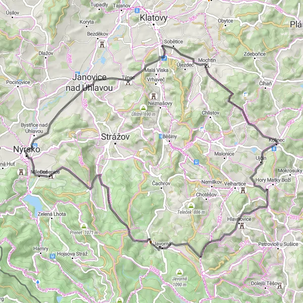 Miniaturní mapa "Okruh kolem Nýrska" inspirace pro cyklisty v oblasti Jihozápad, Czech Republic. Vytvořeno pomocí plánovače tras Tarmacs.app