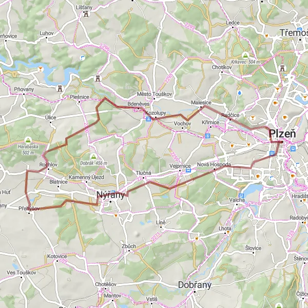 Karten-Miniaturansicht der Radinspiration "Gravel-Abenteuer nach Plzeň" in Jihozápad, Czech Republic. Erstellt vom Tarmacs.app-Routenplaner für Radtouren