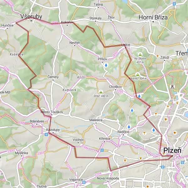 Miniaturní mapa "Gravelový okruh kolem Plzně" inspirace pro cyklisty v oblasti Jihozápad, Czech Republic. Vytvořeno pomocí plánovače tras Tarmacs.app