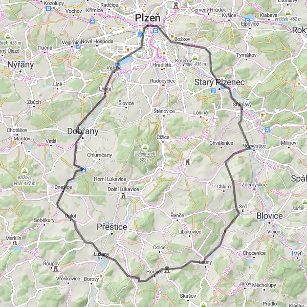 Miniaturní mapa "Výlet kolem Pilsenu s výhledem na Farskou horu" inspirace pro cyklisty v oblasti Jihozápad, Czech Republic. Vytvořeno pomocí plánovače tras Tarmacs.app