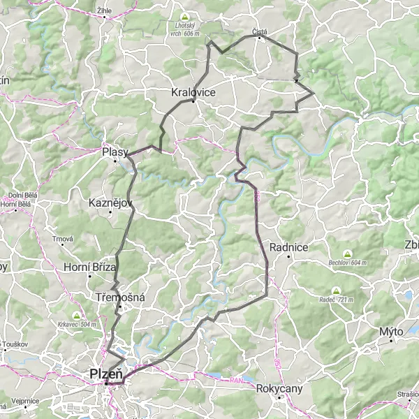 Mapa miniatúra "Okruh kolem Pilsenu přes Velký kopec" cyklistická inšpirácia v Jihozápad, Czech Republic. Vygenerované cyklistickým plánovačom trás Tarmacs.app