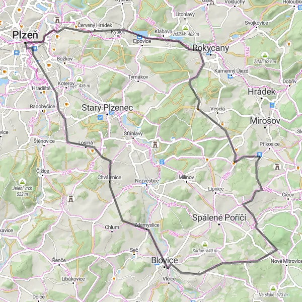 Miniaturní mapa "Okruh z Plzně přes Ejpovice a Velkou Homolku" inspirace pro cyklisty v oblasti Jihozápad, Czech Republic. Vytvořeno pomocí plánovače tras Tarmacs.app