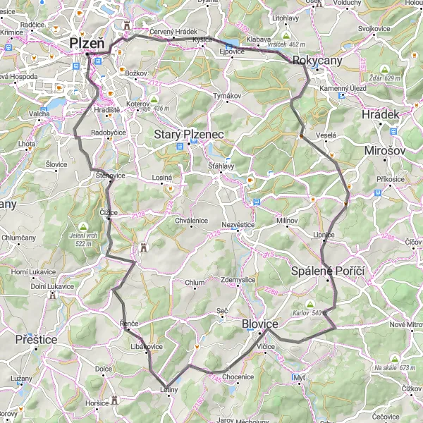 Miniaturní mapa "Cyklistická cesta kolem západních Čech" inspirace pro cyklisty v oblasti Jihozápad, Czech Republic. Vytvořeno pomocí plánovače tras Tarmacs.app