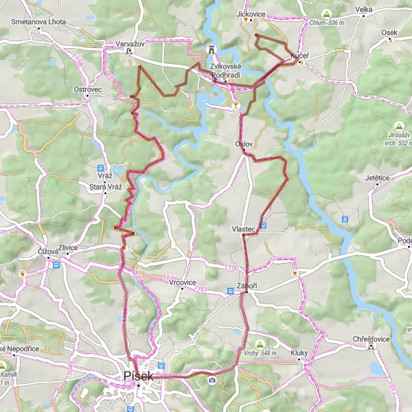 Mapa miniatúra "Gravel route Krkavčí skála" cyklistická inšpirácia v Jihozápad, Czech Republic. Vygenerované cyklistickým plánovačom trás Tarmacs.app