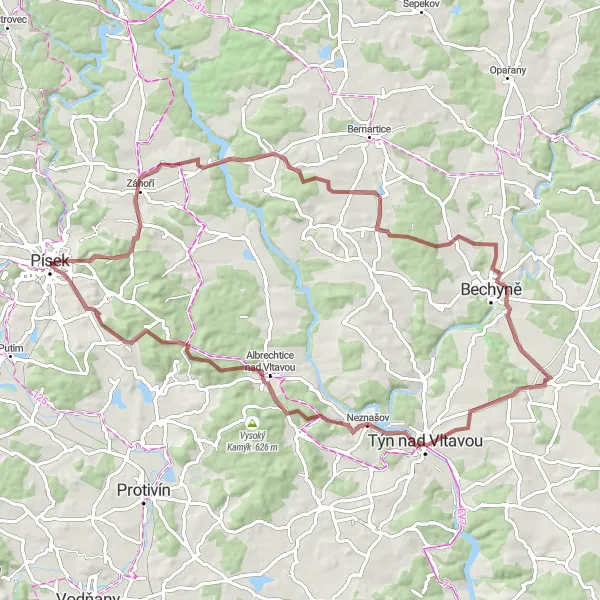 Mapa miniatúra "Gravelová trasa kolem Písku - Rozhledna Jarník" cyklistická inšpirácia v Jihozápad, Czech Republic. Vygenerované cyklistickým plánovačom trás Tarmacs.app