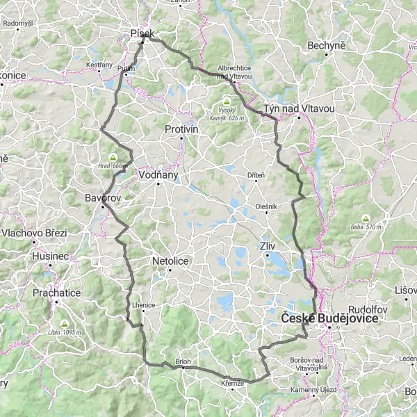 Mapa miniatúra "Výlet kolem Písku - České Vrbné" cyklistická inšpirácia v Jihozápad, Czech Republic. Vygenerované cyklistickým plánovačom trás Tarmacs.app