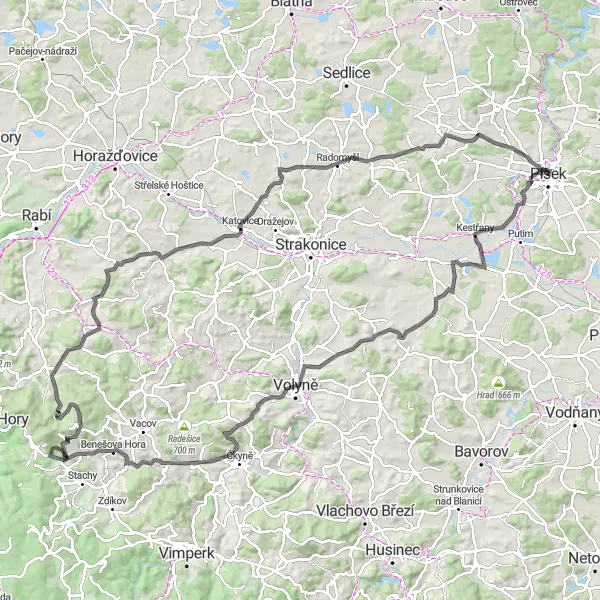 Mapa miniatúra "Extrémní okruh kolem Písku - Soběšice" cyklistická inšpirácia v Jihozápad, Czech Republic. Vygenerované cyklistickým plánovačom trás Tarmacs.app