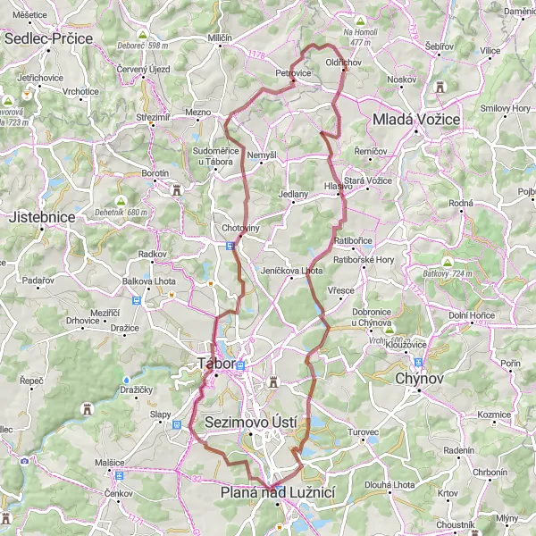Miniaturní mapa "Long Gravel Route with Scenic Views" inspirace pro cyklisty v oblasti Jihozápad, Czech Republic. Vytvořeno pomocí plánovače tras Tarmacs.app