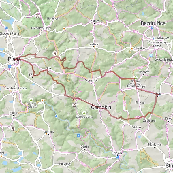 Mapa miniatúra "Z Planá do Černošína a zpět" cyklistická inšpirácia v Jihozápad, Czech Republic. Vygenerované cyklistickým plánovačom trás Tarmacs.app