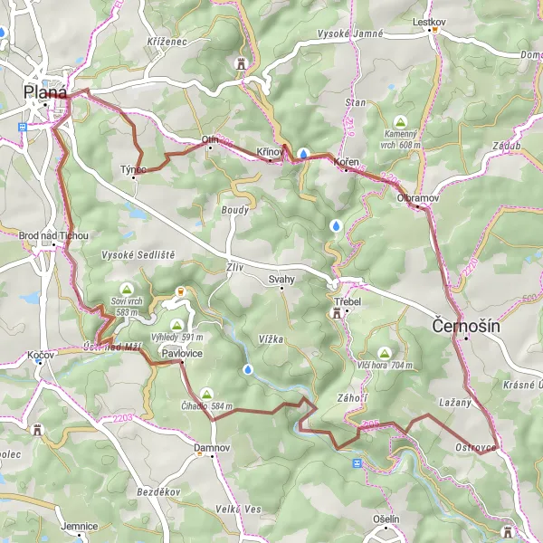 Miniaturní mapa "Kolo okolo Plané: Gravel dobrodružství" inspirace pro cyklisty v oblasti Jihozápad, Czech Republic. Vytvořeno pomocí plánovače tras Tarmacs.app