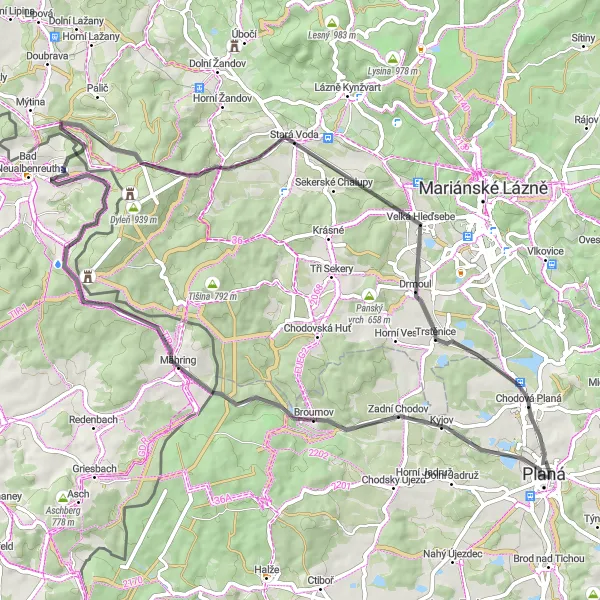 Mapa miniatúra "Výlet kolem Plané" cyklistická inšpirácia v Jihozápad, Czech Republic. Vygenerované cyklistickým plánovačom trás Tarmacs.app