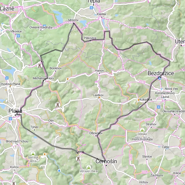 Mapa miniatúra "Cyklistická trasa Michalovy Hory" cyklistická inšpirácia v Jihozápad, Czech Republic. Vygenerované cyklistickým plánovačom trás Tarmacs.app