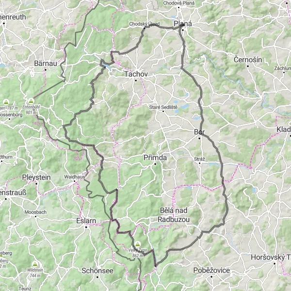 Miniaturní mapa "Plzeňská klasika kolem Plané" inspirace pro cyklisty v oblasti Jihozápad, Czech Republic. Vytvořeno pomocí plánovače tras Tarmacs.app
