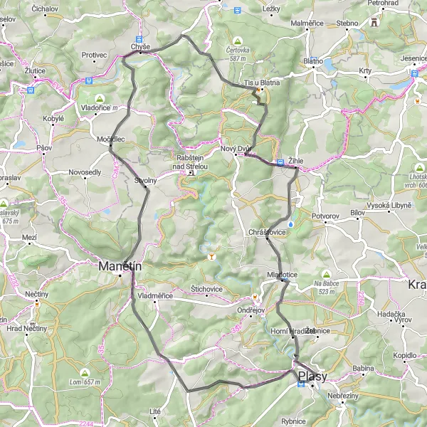 Map miniature of "Plasy and Surroundings" cycling inspiration in Jihozápad, Czech Republic. Generated by Tarmacs.app cycling route planner