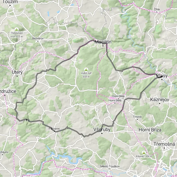 Mapa miniatúra "Cyklotúra Tlucná - Pláně" cyklistická inšpirácia v Jihozápad, Czech Republic. Vygenerované cyklistickým plánovačom trás Tarmacs.app