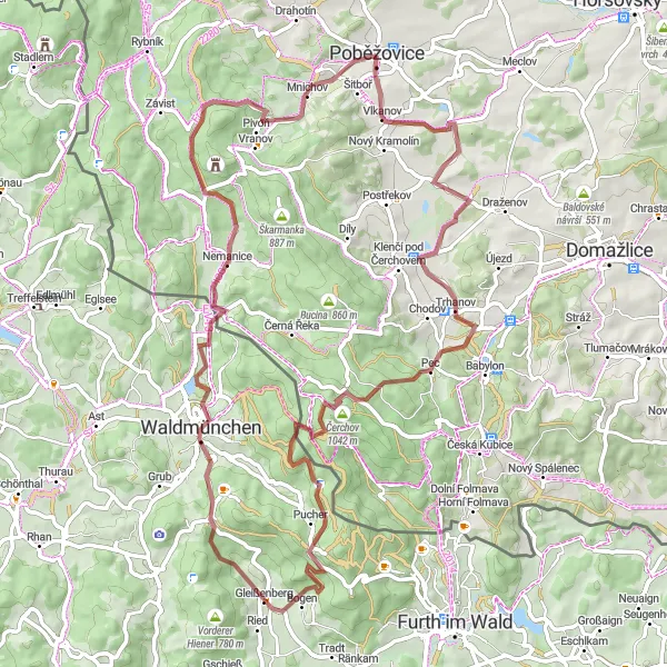 Miniaturní mapa "Gravel trasa Pařezovským kopcem a Mnichovem" inspirace pro cyklisty v oblasti Jihozápad, Czech Republic. Vytvořeno pomocí plánovače tras Tarmacs.app