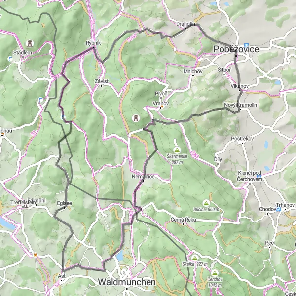 Mapa miniatúra "Cyklotúra Poběžovice - Skalky" cyklistická inšpirácia v Jihozápad, Czech Republic. Vygenerované cyklistickým plánovačom trás Tarmacs.app