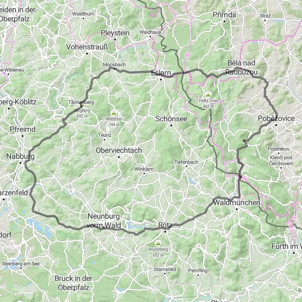 Map miniature of "Poběžovice and Beyond" cycling inspiration in Jihozápad, Czech Republic. Generated by Tarmacs.app cycling route planner
