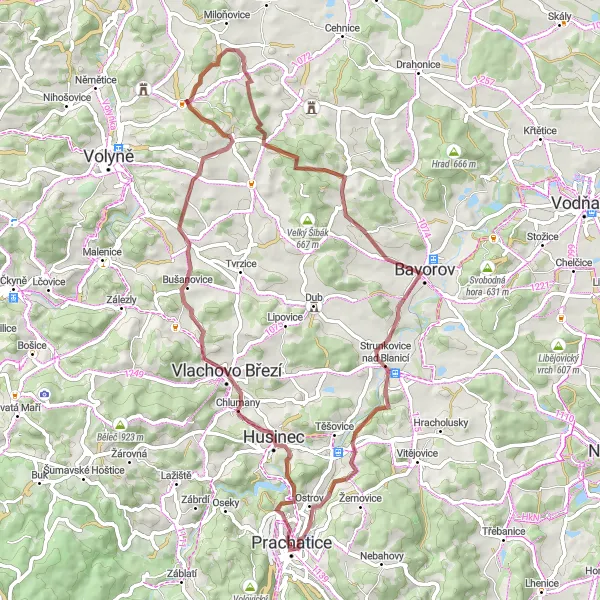 Miniaturní mapa "Prachatice - Husinec - Na Kloboučku - V Hoře - Kuřimany - Varta - Strunkovice nad Blanicí - Kočičí vrch - Bělečská Lhota - Prachatice" inspirace pro cyklisty v oblasti Jihozápad, Czech Republic. Vytvořeno pomocí plánovače tras Tarmacs.app