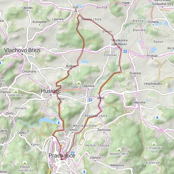 Miniaturní mapa "Trasa kolem Prachatic I" inspirace pro cyklisty v oblasti Jihozápad, Czech Republic. Vytvořeno pomocí plánovače tras Tarmacs.app