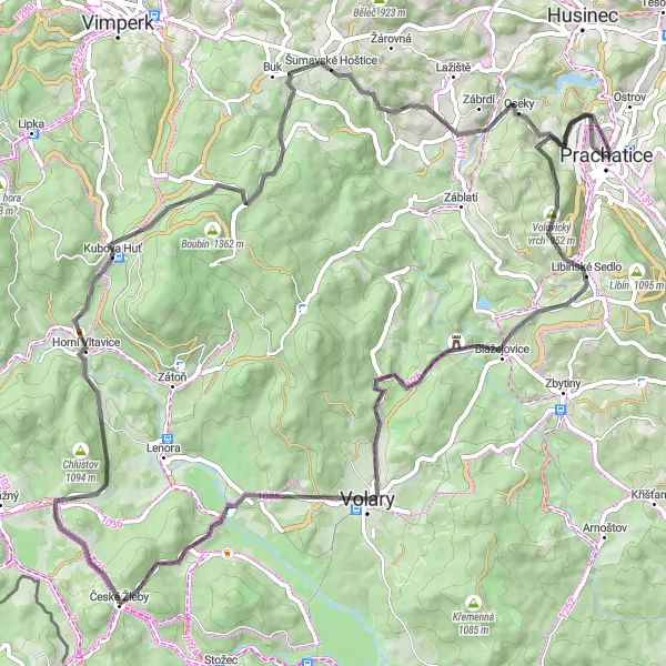 Miniaturní mapa "Prachatice - Volovický vrch - Perlovice - Volary - Dvorský vrch - Žlebský vrch - Kubova Huť - Studená - Dehetník - Prachatice" inspirace pro cyklisty v oblasti Jihozápad, Czech Republic. Vytvořeno pomocí plánovače tras Tarmacs.app