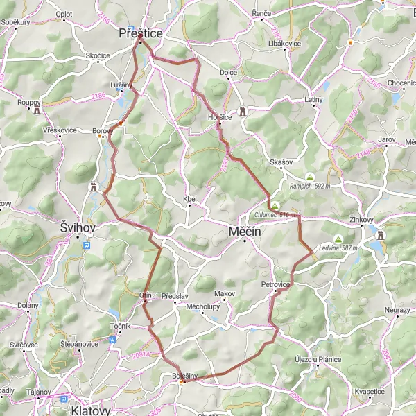 Map miniature of "Gravel adventure from Přeštice to Příchovice and Bolešiny" cycling inspiration in Jihozápad, Czech Republic. Generated by Tarmacs.app cycling route planner