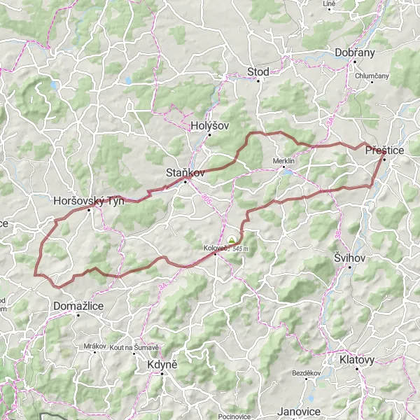 Mapa miniatúra "Gravel Trasa cez kopce a údolia" cyklistická inšpirácia v Jihozápad, Czech Republic. Vygenerované cyklistickým plánovačom trás Tarmacs.app
