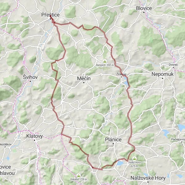 Miniaturní mapa "Gravelový okruh kolem Přeštic" inspirace pro cyklisty v oblasti Jihozápad, Czech Republic. Vytvořeno pomocí plánovače tras Tarmacs.app