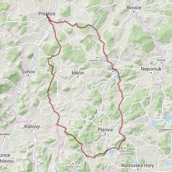 Map miniature of "Challenging Gravel Loop" cycling inspiration in Jihozápad, Czech Republic. Generated by Tarmacs.app cycling route planner