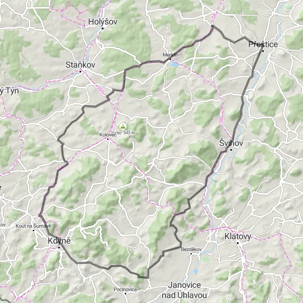 Map miniature of "Round trip from Přeštice to Dolany, Dlažov, and Vojtěška" cycling inspiration in Jihozápad, Czech Republic. Generated by Tarmacs.app cycling route planner