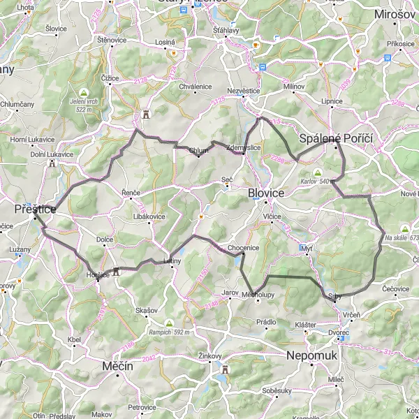 Map miniature of "Challenging road cycling route from Přeštice to Vlčtejn and Přešín" cycling inspiration in Jihozápad, Czech Republic. Generated by Tarmacs.app cycling route planner