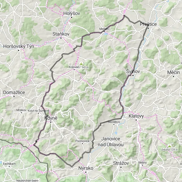 Mapa miniatúra "Road Trasa krajinou plnou histórie" cyklistická inšpirácia v Jihozápad, Czech Republic. Vygenerované cyklistickým plánovačom trás Tarmacs.app