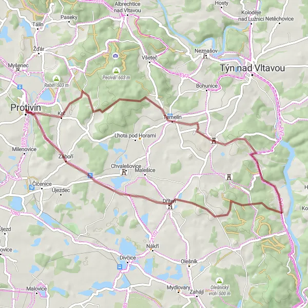 Map miniature of "Nature and History Gravel Loop" cycling inspiration in Jihozápad, Czech Republic. Generated by Tarmacs.app cycling route planner