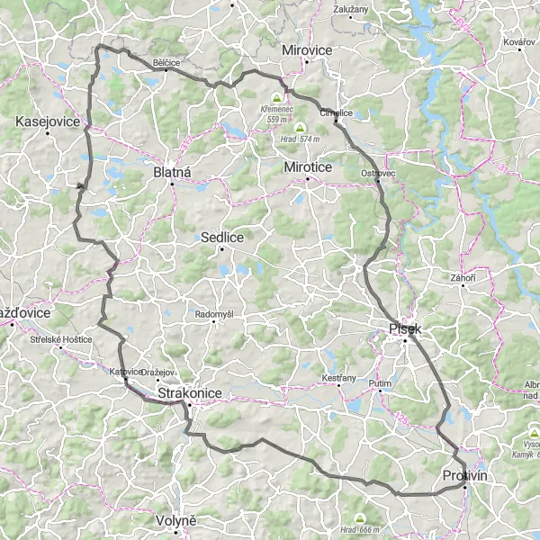 Karten-Miniaturansicht der Radinspiration "Rundweg von Protivín: Hügeliges Gelände und malerische Dörfer" in Jihozápad, Czech Republic. Erstellt vom Tarmacs.app-Routenplaner für Radtouren