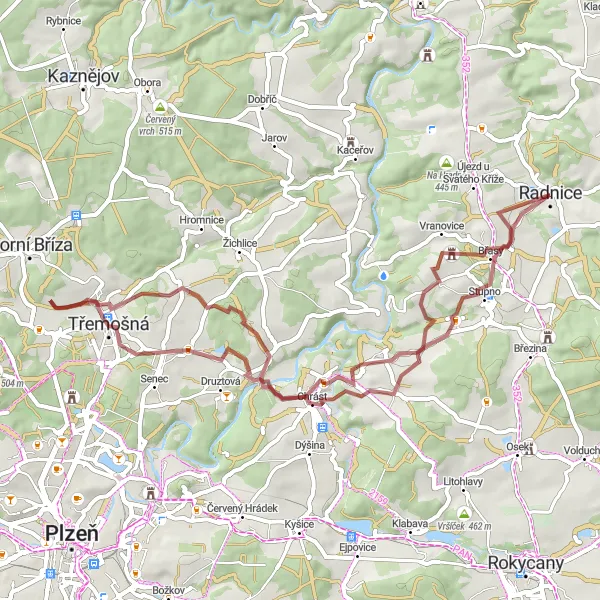 Mapa miniatúra "Prírodou okolo Radnice" cyklistická inšpirácia v Jihozápad, Czech Republic. Vygenerované cyklistickým plánovačom trás Tarmacs.app