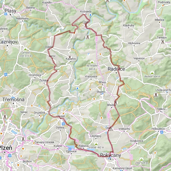Miniaturní mapa "Gravelový okruh přes Rokycany" inspirace pro cyklisty v oblasti Jihozápad, Czech Republic. Vytvořeno pomocí plánovače tras Tarmacs.app