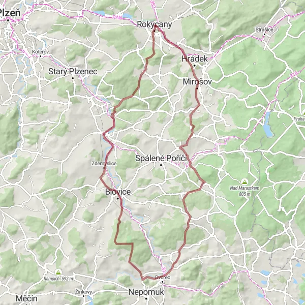 Mapa miniatúra "Gravel Route through Rokycany Countryside" cyklistická inšpirácia v Jihozápad, Czech Republic. Vygenerované cyklistickým plánovačom trás Tarmacs.app